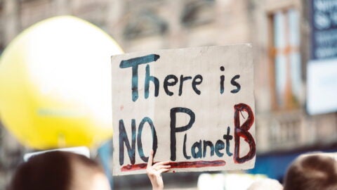 Image of person holding sign that reads, "There is no Planet B"