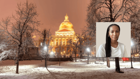 Masschusetts State House in winter with headshot of Dr. Jourdyn Lawrence