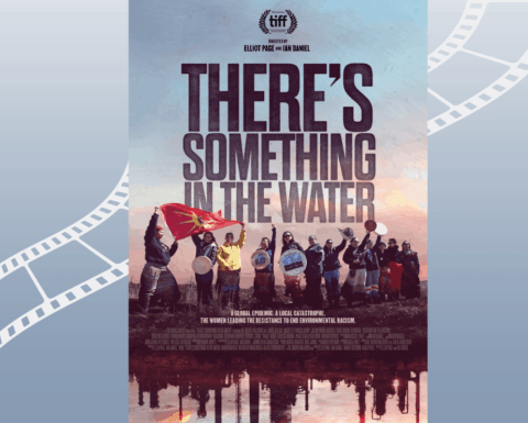 There's Something in the Water Film Poster against faded grey'blue background and off-white analog film reel graphic.