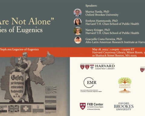 Flier for the opening of the exhibition "We Are Not Alone": Legacies of Eugenics at Harvard Countway Library on May 18, 2023.