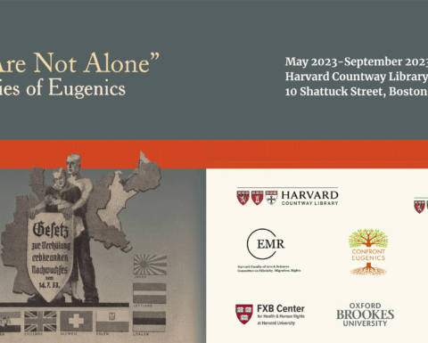 Flier for the exhibition "We Are Not Alone": Legacies of Eugenics on display at Harvard Countway Library, L2 from May through September 2023.