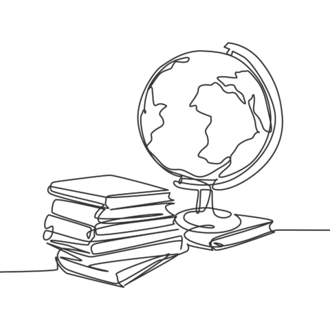 Graphic of black line forming book stack next to globe against white background.