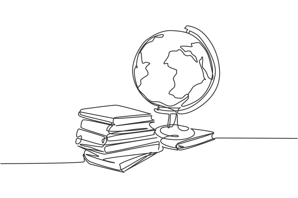 Graphic of black line forming book stack next to globe against white background.
