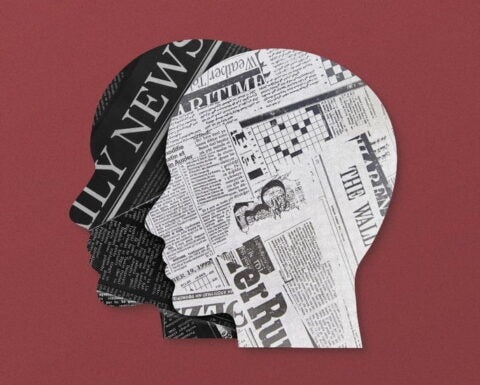 Graphic of two, overlapping heads made out of newspaper collages against a dark red background.