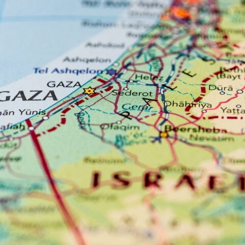 Image of colorful map focusing on Gaza and Israel.