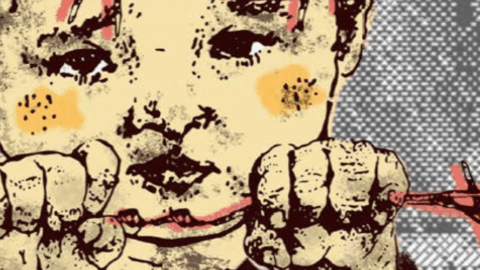 Illustration of child behind barbed wire, holding wire with both hands. Art by Allison Arteaga Argumedo