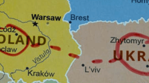Map of Eastern Europe showing Poland and Ukraine. Poland and Ukraine country names circled in red marker and connected by red dotted line.
