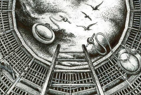 Artist sketch of pocket watchers rising towards cloudy sky with birds through shaft. "Last One Done in a Cell" by Vincent Nardone, courtesy of the artist and the CPA Prison Arts Program