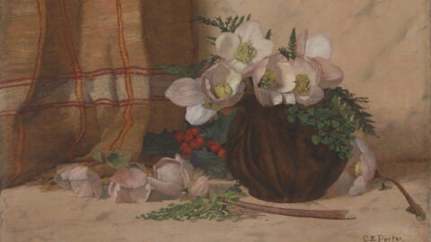 This oil painting depicts a bouquet of off-white roses and greenery in a brown bowl. The round bowl, done in deep brown tones, stands to the right side of the picture. In the bowl are five blooms and several sprays of greenery. Several other blossoms, a sprig of greenery and a long stem lie scattered around the bowl. Peeking from behind the bowl are a pile of darker green leaves and a cluster of bright red berries. Hanging on the left hand background wall is a textile with a yellow, red, and white plaid pattern.