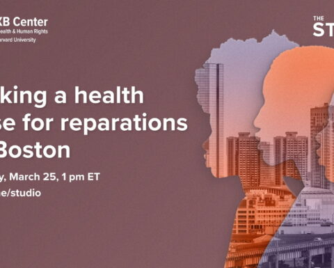 FXB Center for Health & Human Rights at Harvard University logo. The Studio logo. Making a health case for reparations in Boston. Monday, March 25, 1pm ET. hsph.me/studio. Transparent overlapping side profiles of three people, view of Boston skyline and Hakim bridge visible in the background against red/purple background.