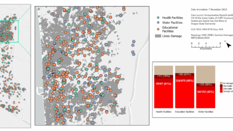 Figure showing close up of Gaza strip along the coast highlighting damage to health, water, and educational facilities. Date of creation: 7 December 2023. Data source: Humanitarian OpenStreetMap UN OCHA. Cory Scher of CUNY Graduate Center and Jamon Van Der Hoeck of Oregon State University.