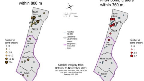 Side by side map graphics of the Gaza strip showing the location and proximity of of M84 bomb crates to healthcare facilities.