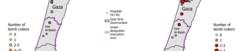 Side by side map graphics of the Gaza strip showing the location and proximity of of M84 bomb crates to healthcare facilities.