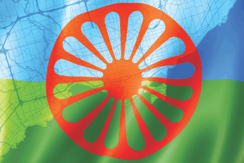 Composite image of undulating Roma flag over map graphic of Greater Toronto-Hamilton Area. Red Roma wheel at the center. Graphics by Mary Delaware, Harvard Public Health.