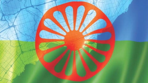 Composite image of undulating Roma flag over map graphic of Greater Toronto-Hamilton Area. Red Roma wheel at the center. Graphics by Mary Delaware, Harvard Public Health.