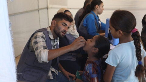 WHO, UNICEF and UNRWA deliver vaccinations to IDP tents on second day of polio vaccination campaign for Palestinian children in Deir al-Balah, central Gaza Strip, on September 2, 2024.