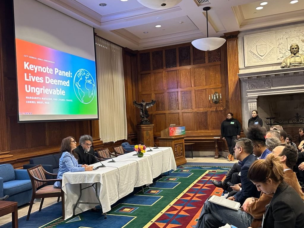 Margareta Matache, PhD, and Cornel West, PhD, answering audience questions during the 12th Roma Conference at Harvard University at the Barker Center's Thompson Room on April 5, 2024. Photo: Danai Macridi / FXB Center for Health and Human Rights.