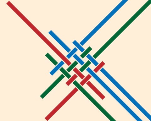 Image of knot comprised of red, blue, green strands against beige background