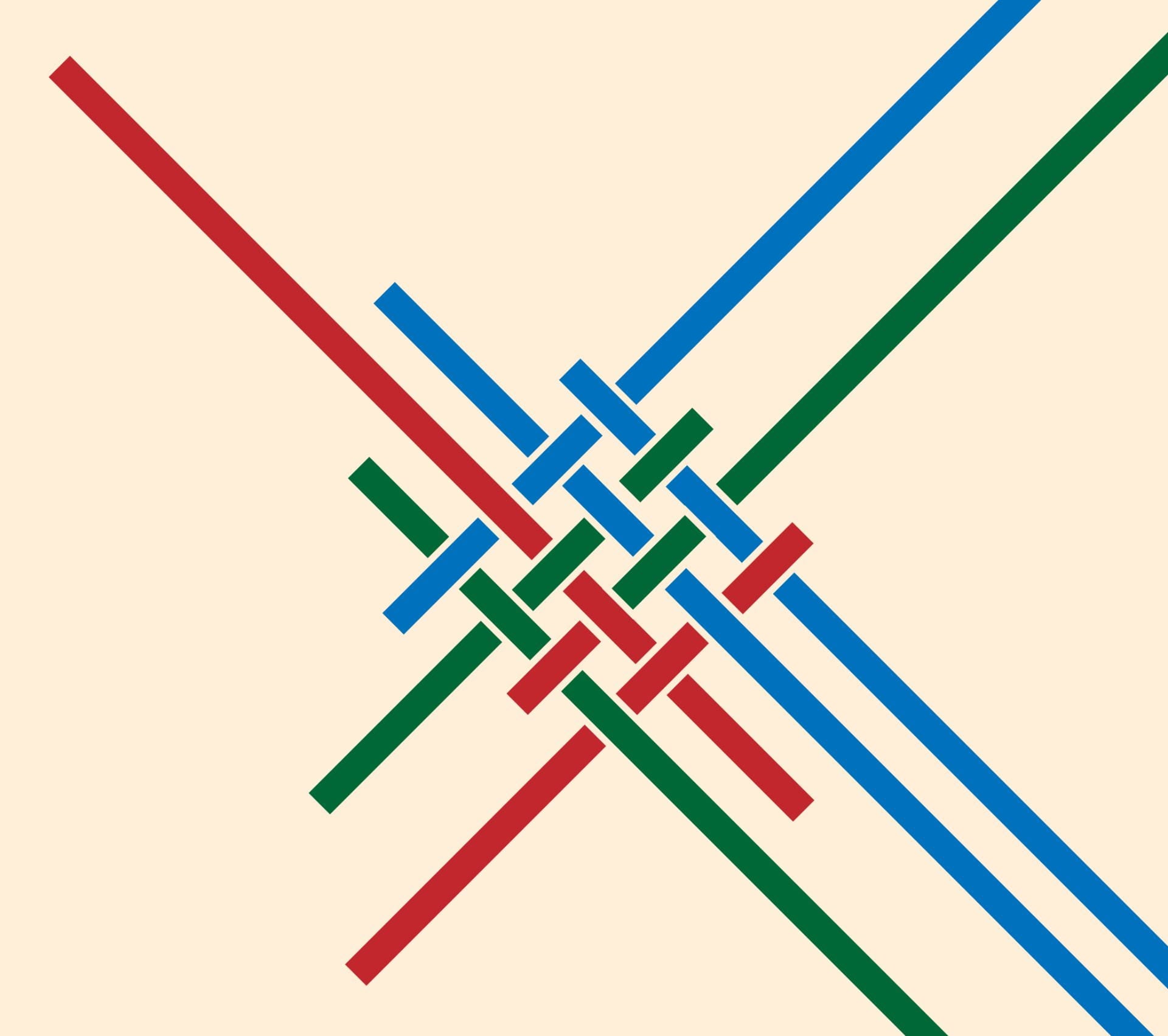 Image of knot comprised of red, blue, green strands against beige background