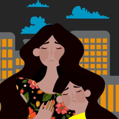 Graphic of woman and child against city backdrop