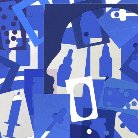 Blue and white cut outs of vial, syringe, pill cases. Illustration by Ibrahim Rayintakath.