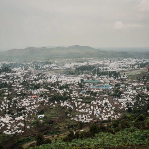 Sprawling displacement camps are seen on the outskirts of Goma, Democratic Republic of Congo, housing people displaced by the recent surge in fighting. Hugh Kinsella Cunningham/Getty Images.