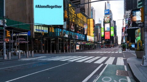 Manhattan. New York / USA - March 26 2020: Empty streets of New York at Times Square 42nd street during pandemic virus Covid-19. Photo: Tetiana/Shutterstock.