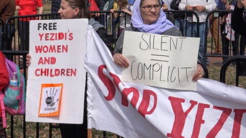 WASHINGTON, DC - MARCH 15, 2019: Dozens of Yezidis (Yazidis) living in the US demonstrate at the White House to draw attention to the ongoing genocide and abduction of Yezidis by ISIS (ISIL) in Iraq. Photo credit: Bob Korn / Shutterstock