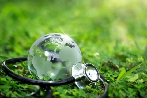 Crystal Earth with a medical doctor's stethoscope on green grass. chayanuphol / Shutterstock