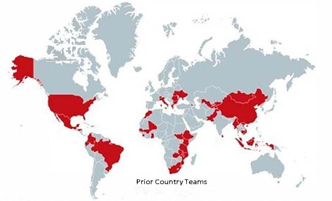 Graphic of world map with countries highlighted in red to represent where Landry program teams came from.