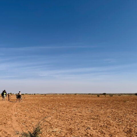 A part of Darfur, Sudan. Dessert landscape, people on donkeys on far left. Credit: Sakchai Yurak / Shutterstock