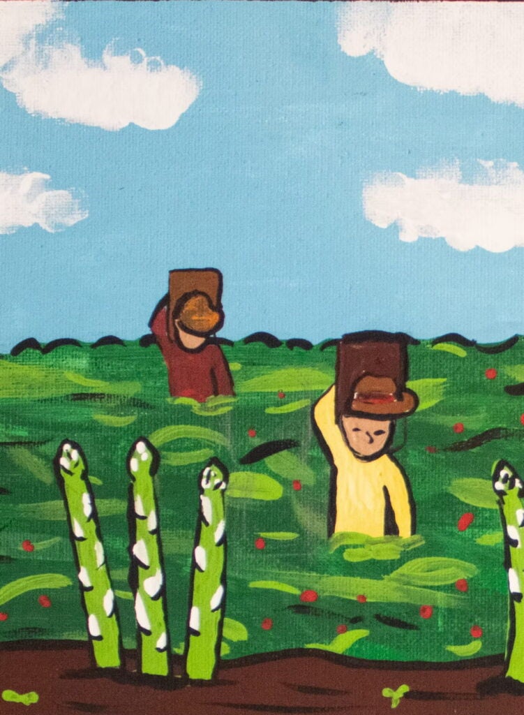 Painting of farmworkers in a green field dotted with red. Artwork by Diego provided courtesy of the Fairness for Farmworkers Coalition.