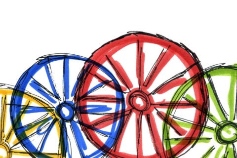 Graphic of red, blue, green, yellow Roma wheel.