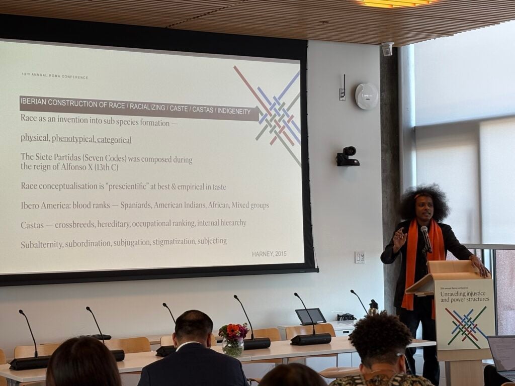Dr. Suraj Yengde delivering the keynote address during the 13th Roma conference at Harvard University on April 4, 2025.