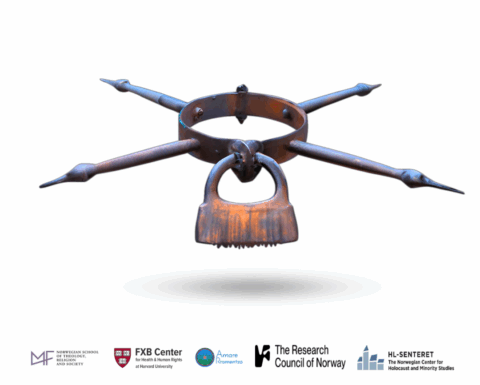 Flier with graphic of iron punishment collar with lock and logos of Norwegian School of Theology, Religion, and Society; FXB Center for Health & Human Rights; Amare Rromentza; The Research Council of Norway; HL-Senteret: The Norwegian Center for Holocaust and Minority Studies.
