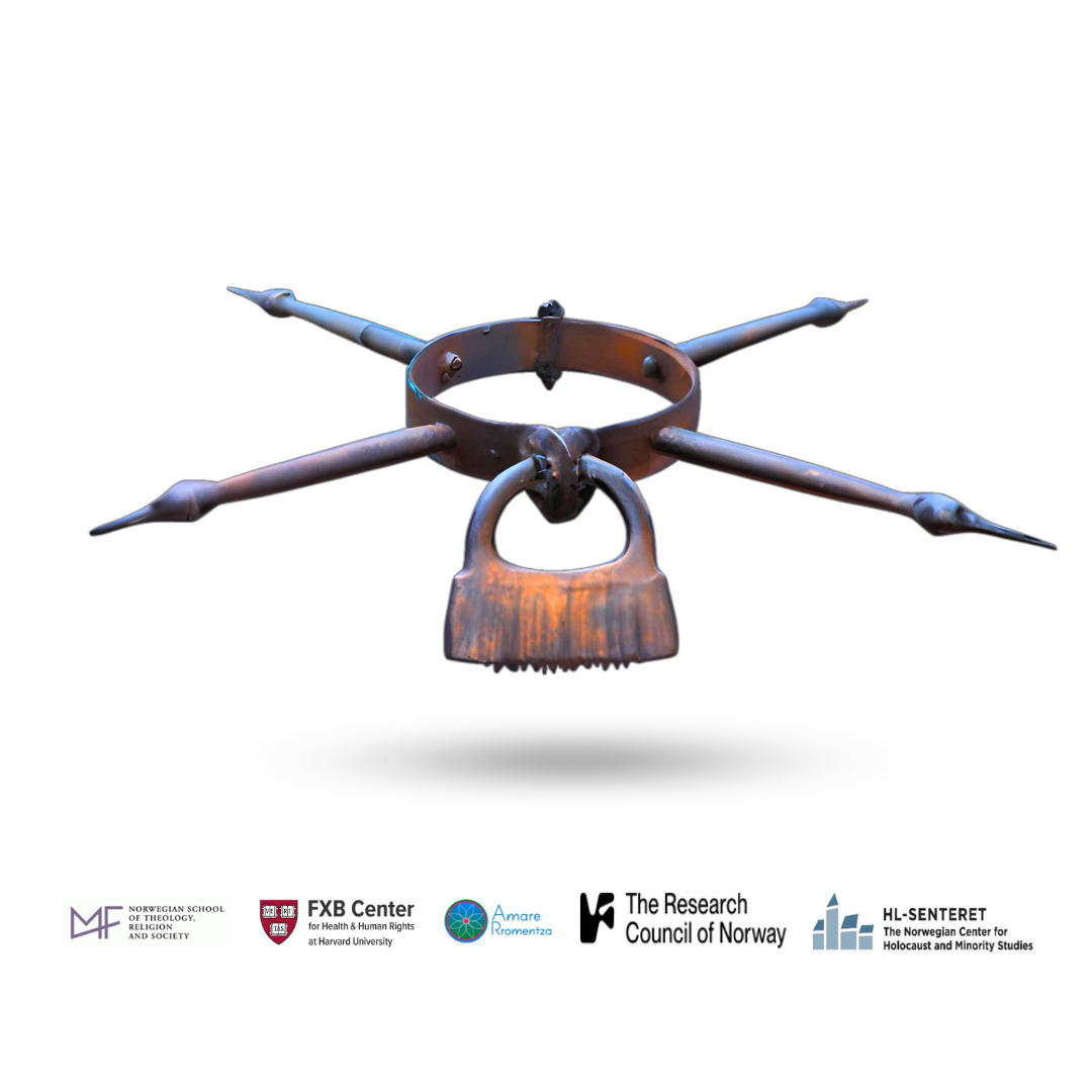 Flier with graphic of iron punishment collar with lock and logos of Norwegian School of Theology, Religion, and Society; FXB Center for Health & Human Rights; Amare Rromentza; The Research Council of Norway; HL-Senteret: The Norwegian Center for Holocaust and Minority Studies.
