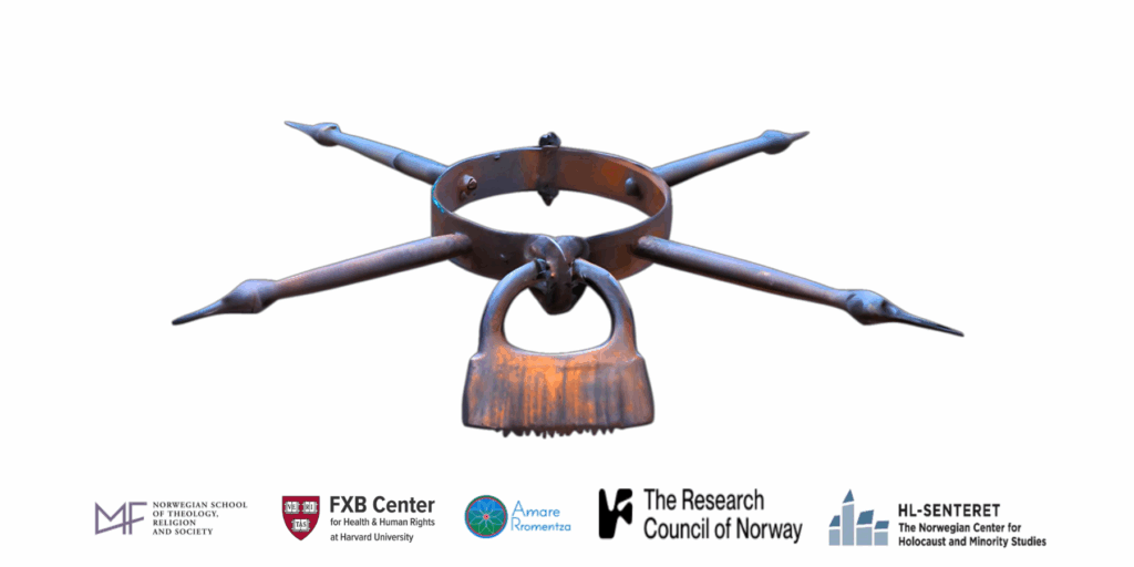 Flier with graphic of iron punishment collar with lock and logos of Norwegian School of Theology, Religion, and Society; FXB Center for Health & Human Rights; Amare Rromentza; The Research Council of Norway; HL-Senteret: The Norwegian Center for Holocaust and Minority Studies.