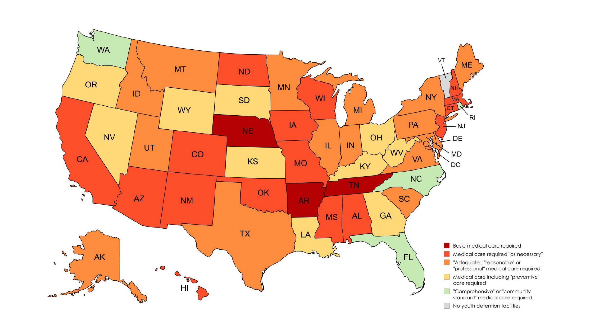 Map showing standards of care for incarcerated youth across the United States.