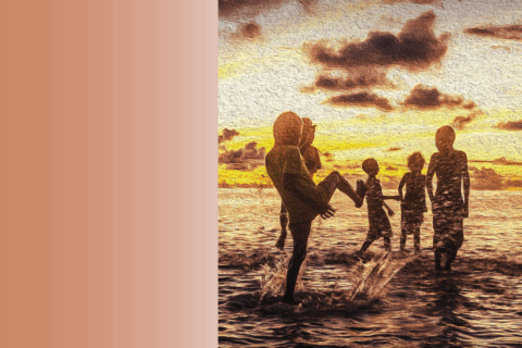 Graphic of children splashing in the sea at sunset, seen from behind.