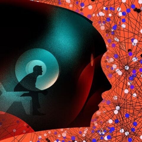Graphic of head with person inside against background of connected dots.