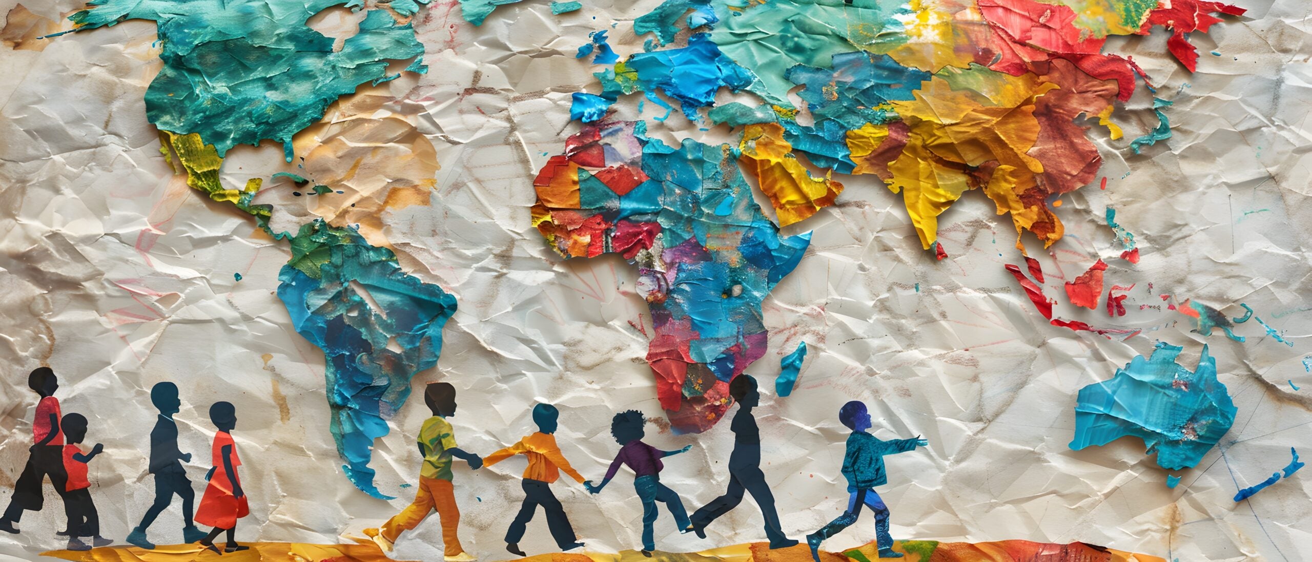 Graphic of colorful figures of children and world map in wrinkled paper texture.