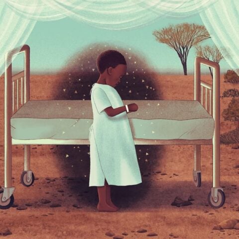 Illustration of child in hospital gown standing by hospital bed in the savannah. Amelia K. Bates / Grist