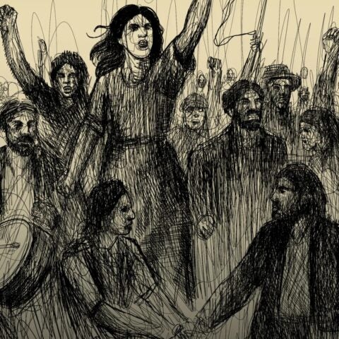 Ink illustration by Roma artist Emanuel Barica depicting Roma uprising of enslaved people in Moldavia and Wallachia.