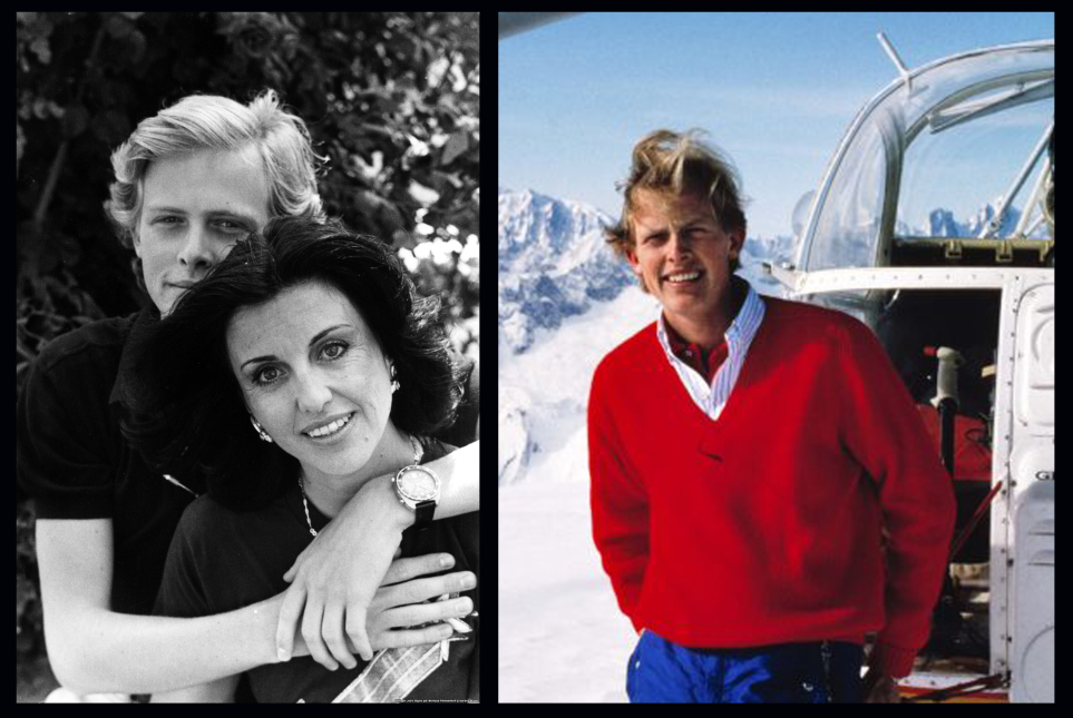 Black and white photo of Francois-Xavier Bagnoud with his arms around his mother, Albina du Boisrouvray. Color photo of Francois-Xavier Bagnoud in a red sweater in front of a helicopter in the Swiss Alps.