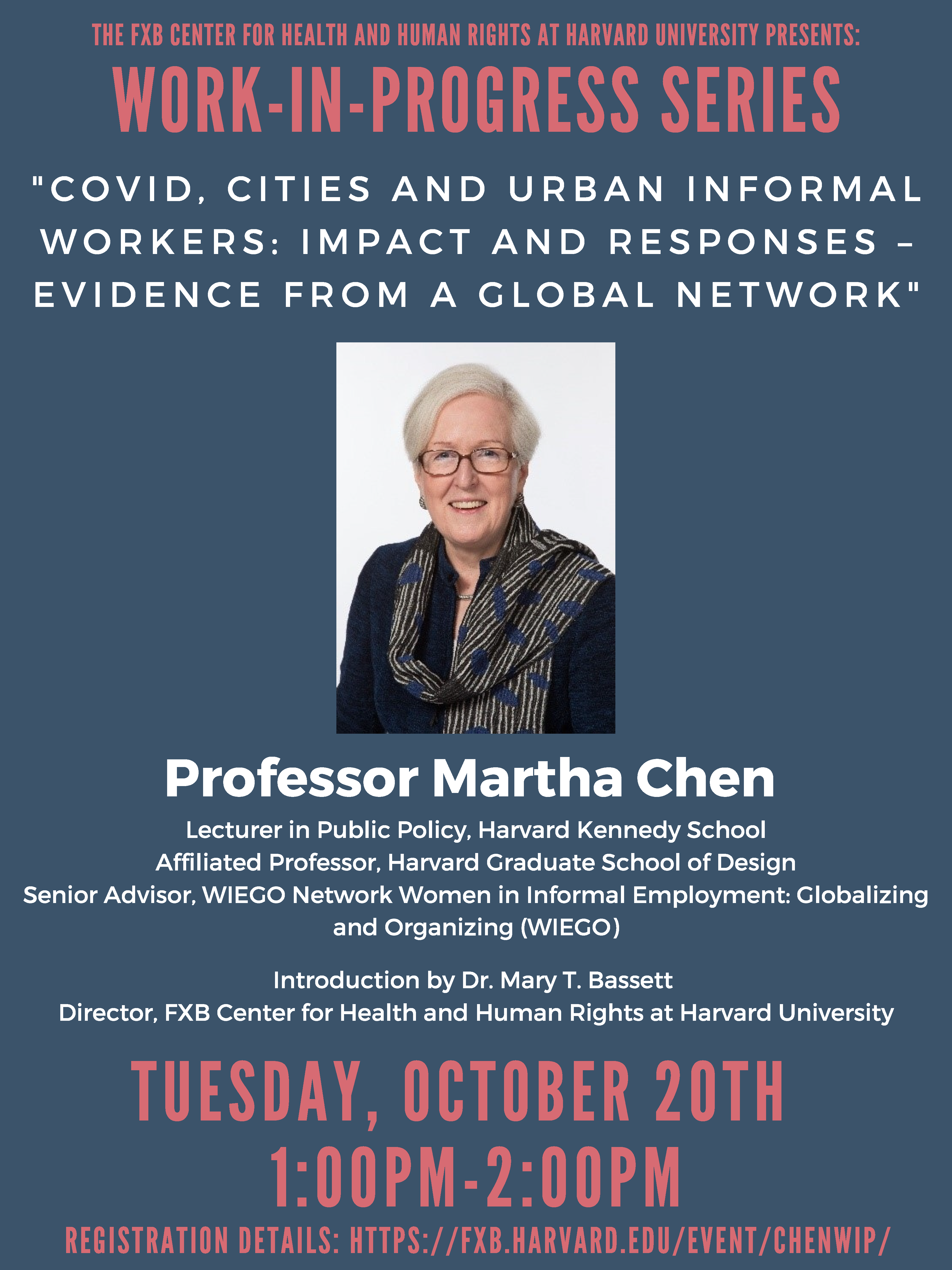 Event flyer with headshot of Professor Martha Chen, title of Professor Chen's presentation, and registration information.