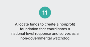 Text of report recommendation 11: Allocate funds to create a non-profit foundation that coordinates a national-level response and serves as a non-governmental watchdog
