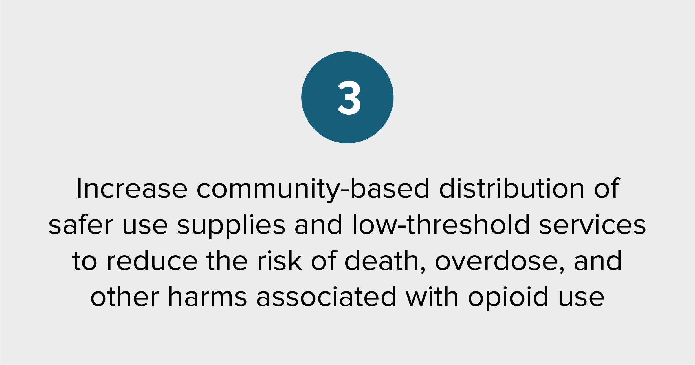 Text of report recommendation 3: Increase community-based distribution of safer use supplies and low-threshold care to reduce the risk of death, overdose, and other harms associated with opioid use