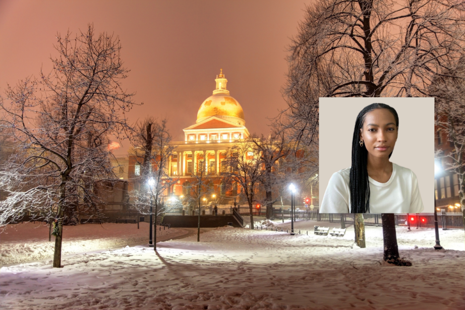 Masschusetts State House in winter with headshot of Dr. Jourdyn Lawrence
