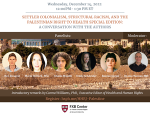 Flier for webinar titled "Settler Colonialism, structural racism, and the Palestinian Right to Health Special Edition: A Conversation with the authors"