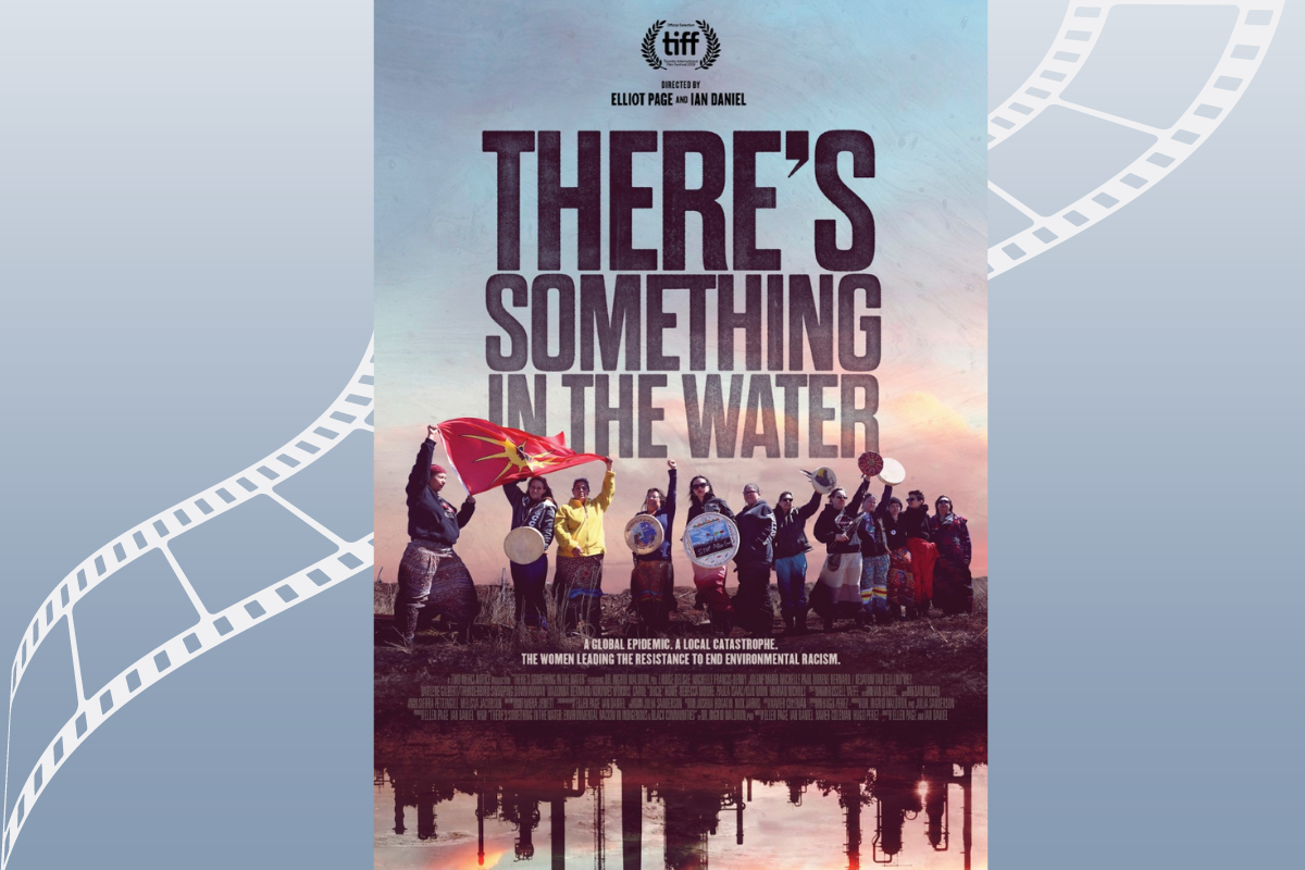 There's Something in the Water Film Poster against faded grey'blue background and off-white analog film reel graphic.